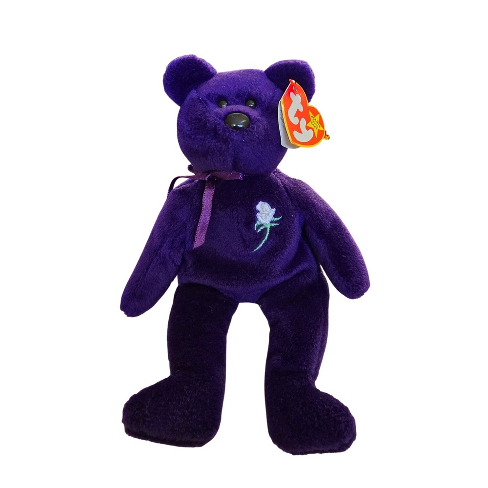 Ty Beanie Babies Princess‎ Diana Memorial Bear Purple Plush White Rose 1997 PE